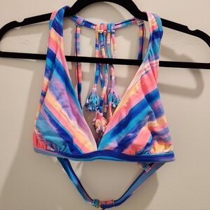 Colorful Striped Triangle Bikini Top With Tassels - 34D